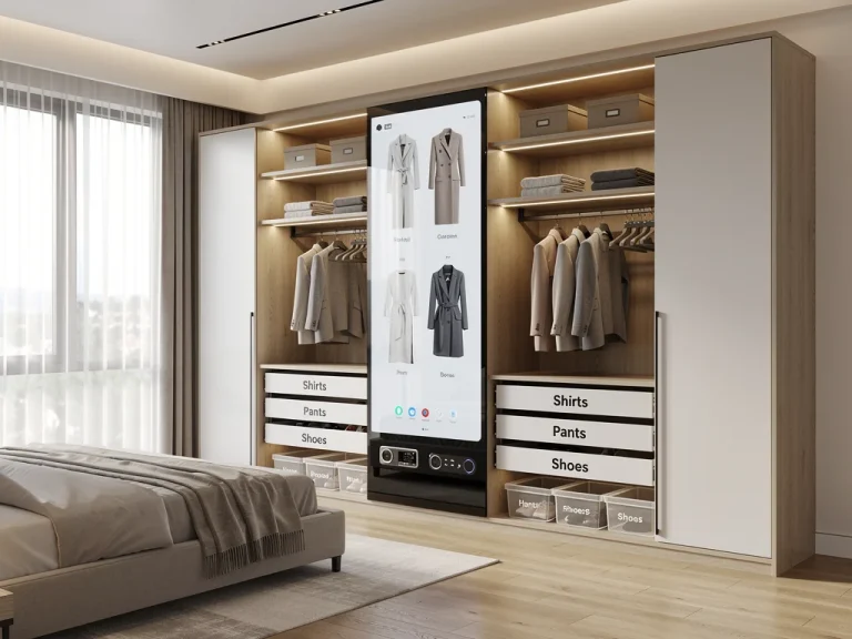 Smart wardrobe technology system in modern bedroom with digital display and automated organization
