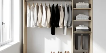 Minimalist wardrobe organization with neutral clothing pieces in a well-lit closet