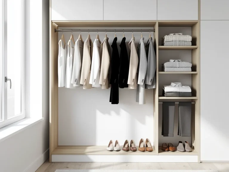 Minimalist wardrobe organization with neutral clothing pieces in a well-lit closet