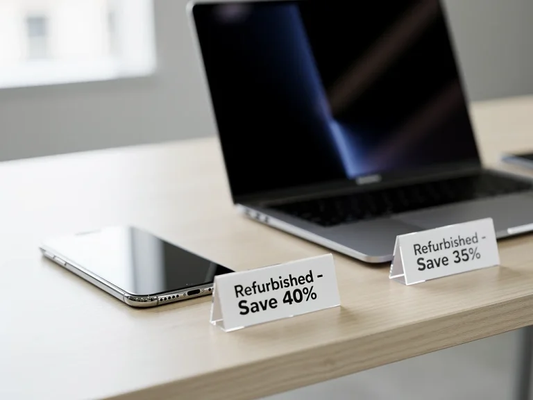 Refurbished tech devices showing financial savings on modern table